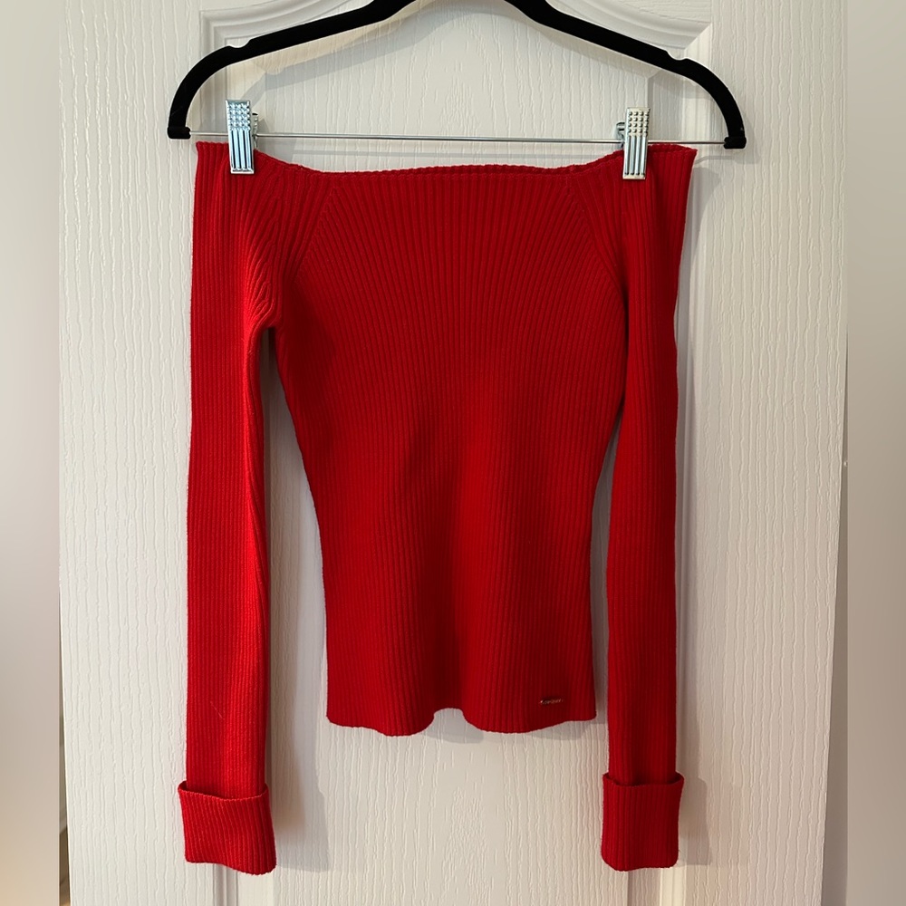 Superdry Off Shoulder Boat Neck Sweater in Red